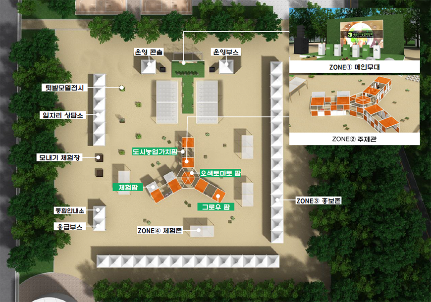 행사장 약도(메인무대부터 시계방향, 주제관은 중앙에 위치 - ZONE1 메인무대, 운영부스, ZONE3 홍보존 ZONE4 체험존, ZONE2 주제관(도시농업가치팜, 오색토마토 팜, 그로우 팜, 체험팜), 응급부스, 종합안내소, 모내기 체험장, 일자리 상담소, 텃밭모델전시, 운영콘솔)